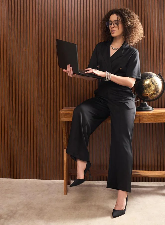 SASSAFRAS Women Black Straight Leg Buttoned Jumpsuit